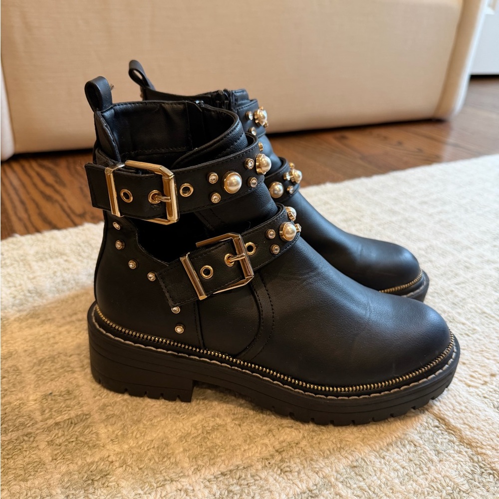 Black Ankle Boots with Gold Buckles